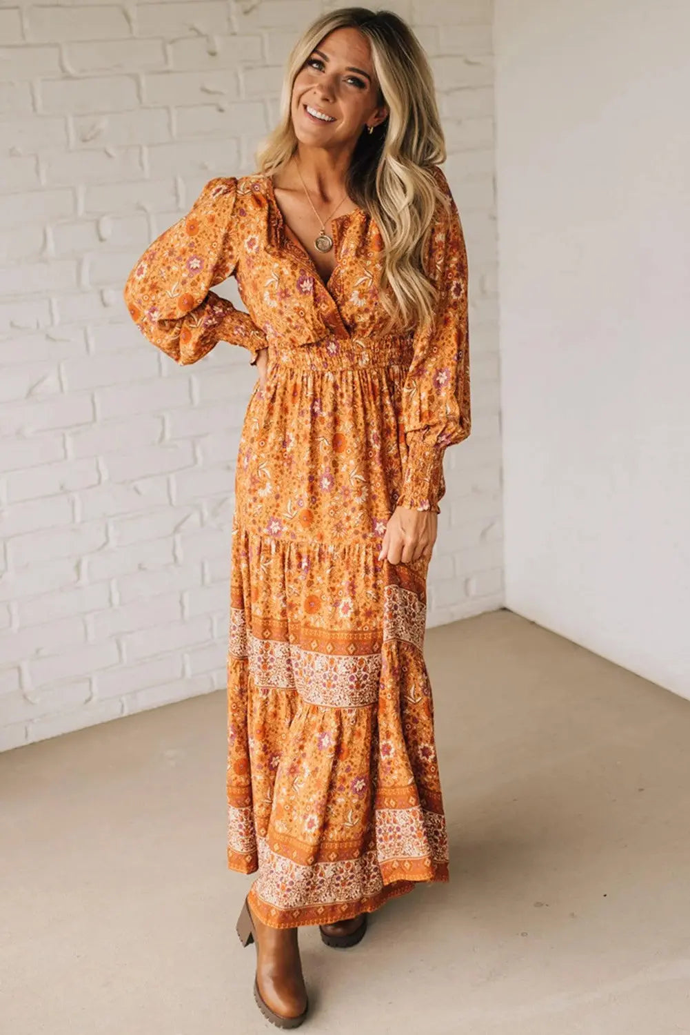 Orange Floral Print Smocked Waist Long Sleeve Boho Maxi Dress Dear-Lover Dropshipping