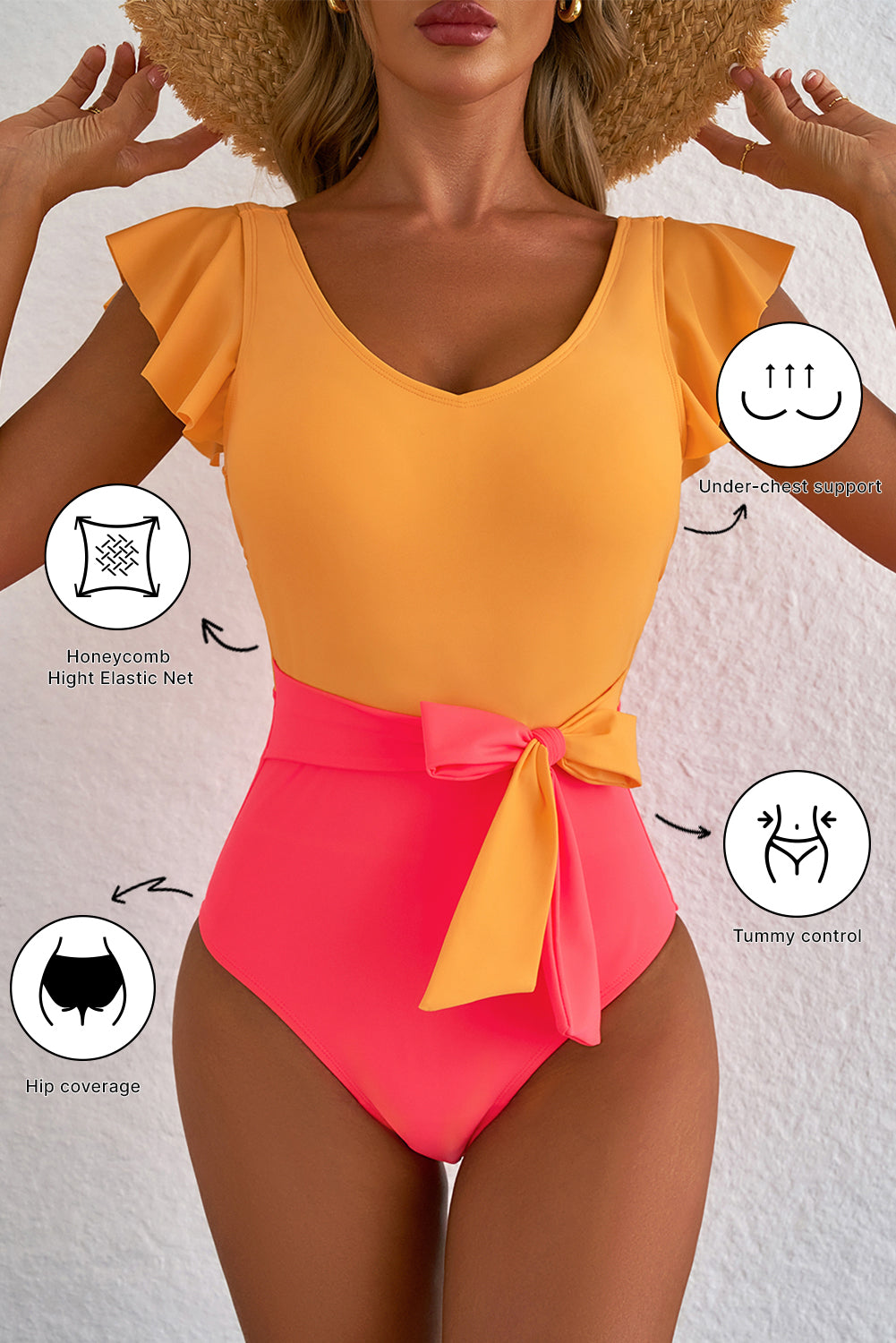 Vibrant Vitality Orange Ruffled Backless One-Piece Swimsuit with Color Block Design