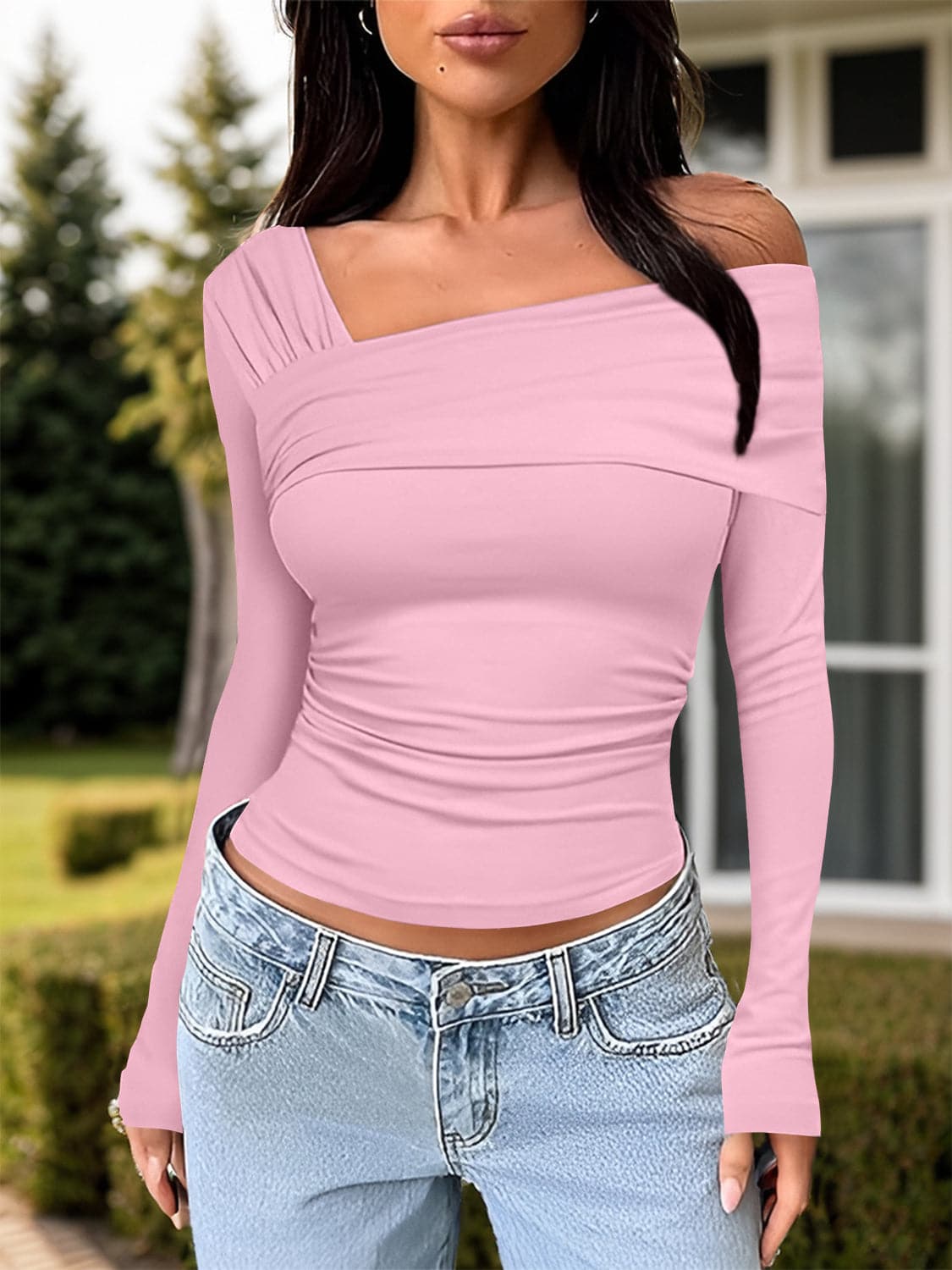 Ruched One Shoulder Long Sleeve T-Shirt.