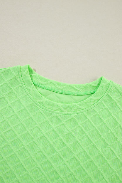 Light green checkered textured tee paired with comfy drawstring shorts