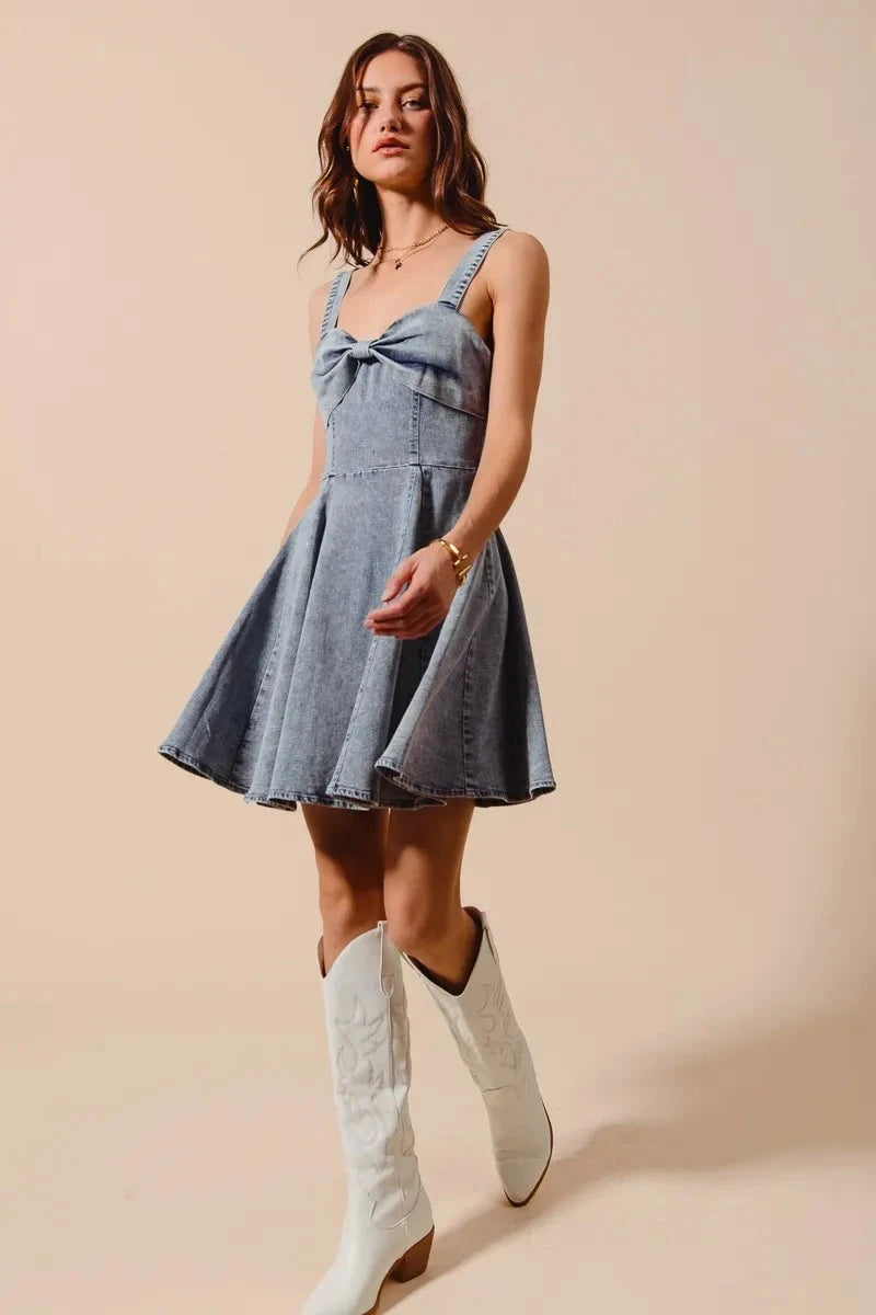 SO ME Mineral Washed Bow Ribbon Denim Flare Dress Coco’s Tee Boutique