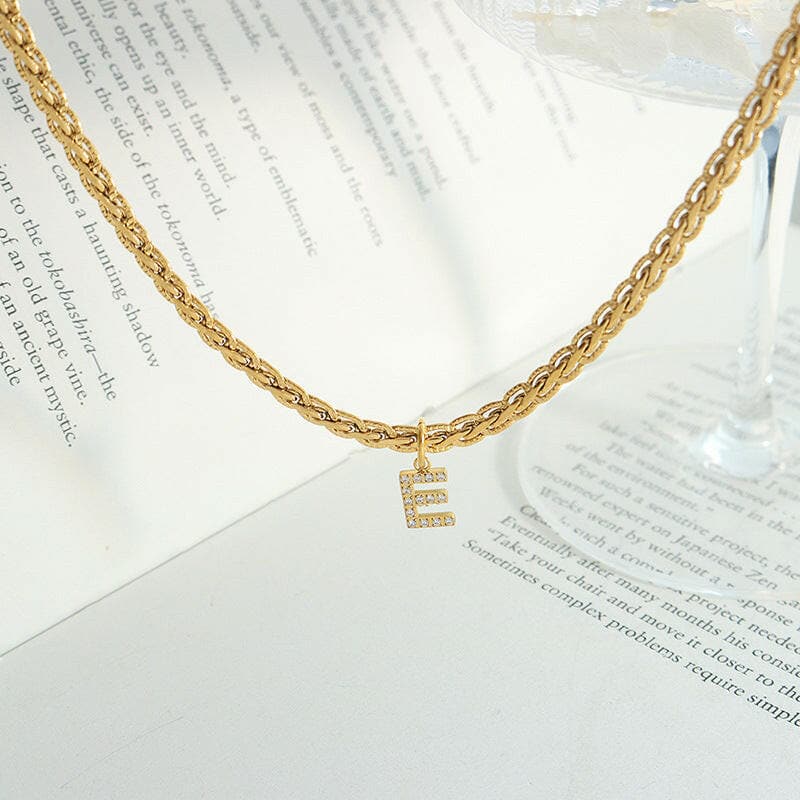 Brass Inlaid Zircon Letter Pendant Necklace.