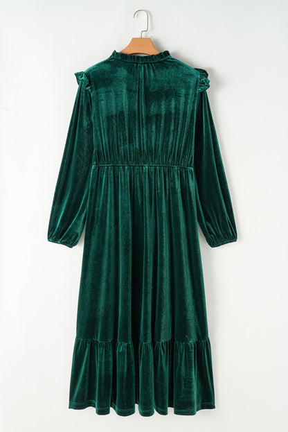 Elegant blackish green velvet high-waist midi dress with frilled neckline and ruffled hem