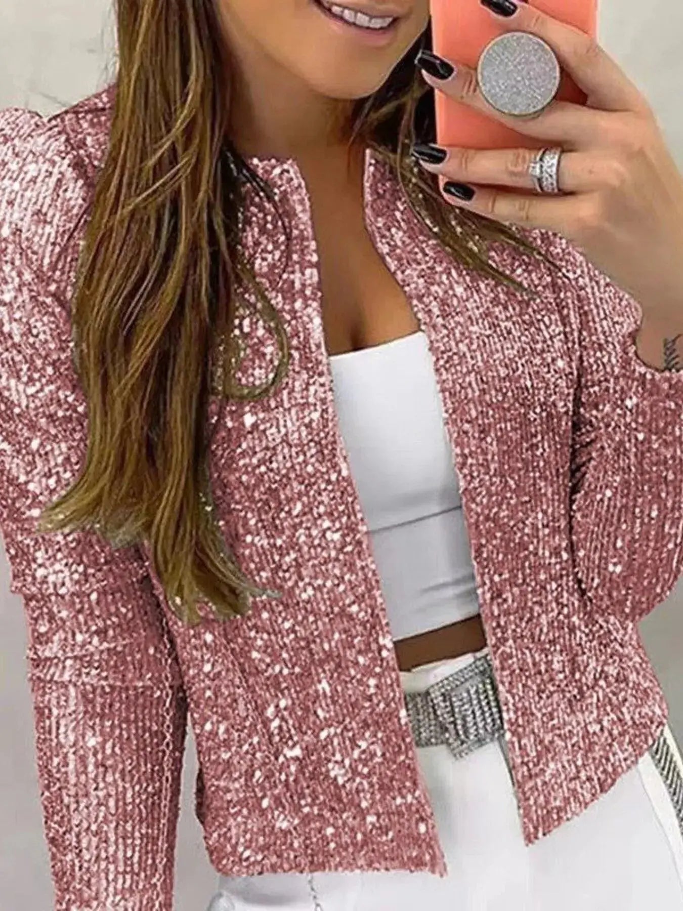 Full Size Sequin Long Sleeve Jacket Plus Size Simply Love