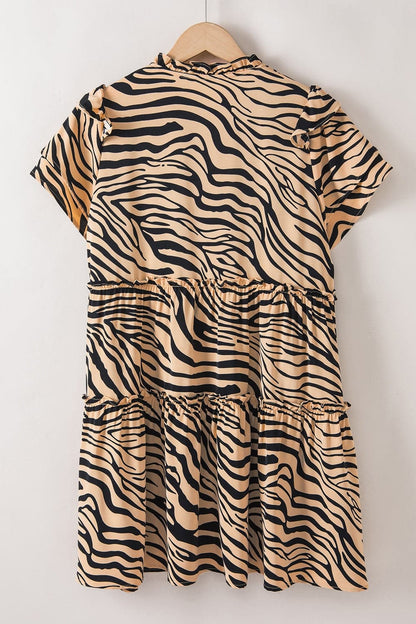 Ruffled Animal Print Tie Neck Mini Dress.