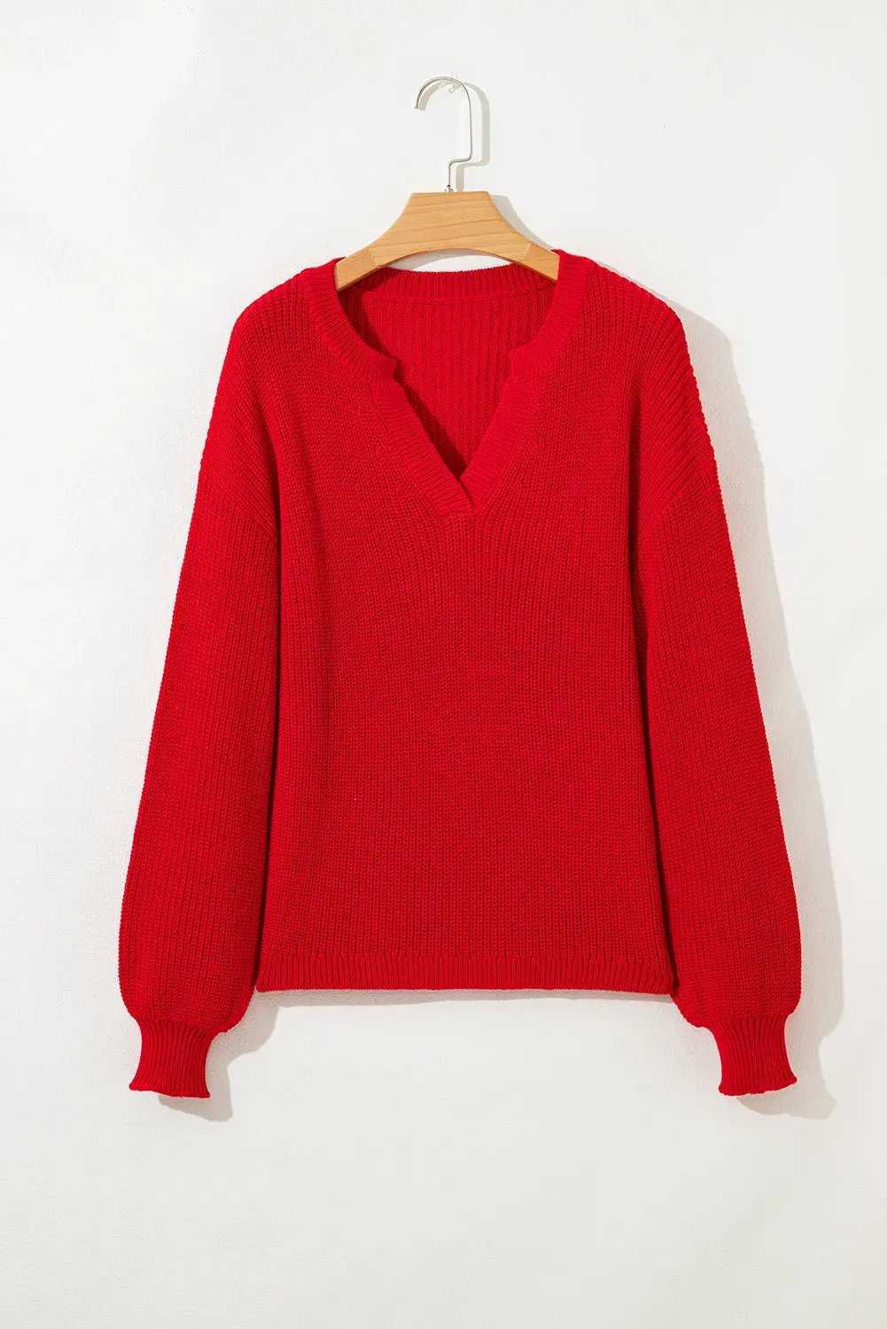 Premium Racing Red Solid Textured Knit V Neck Drop Shoulder Sweater Dear-Lover Dropshipping