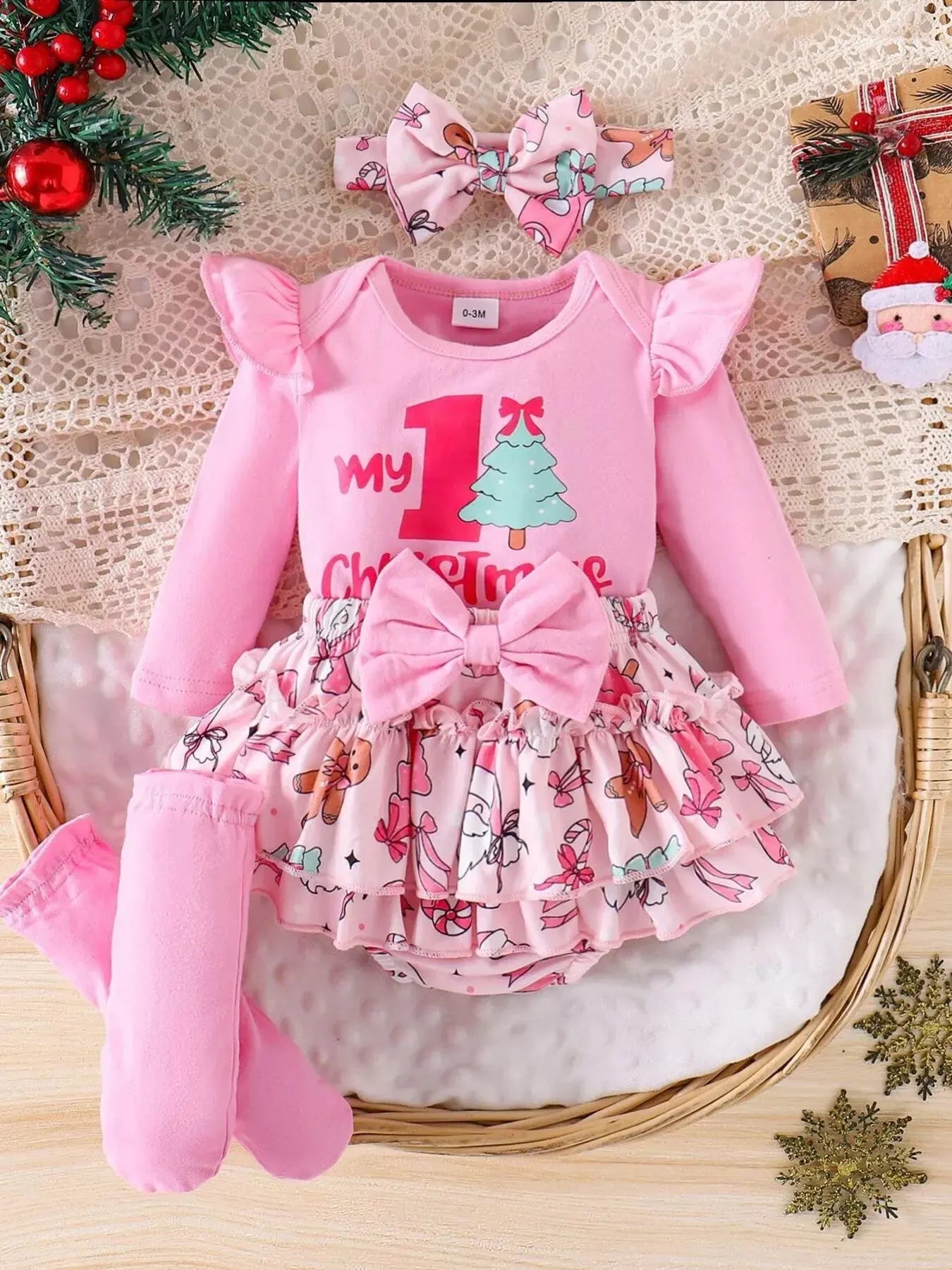 Children's Christmas Ruffled Long Sleeve Top and Skirt Set with Headband Simply Love