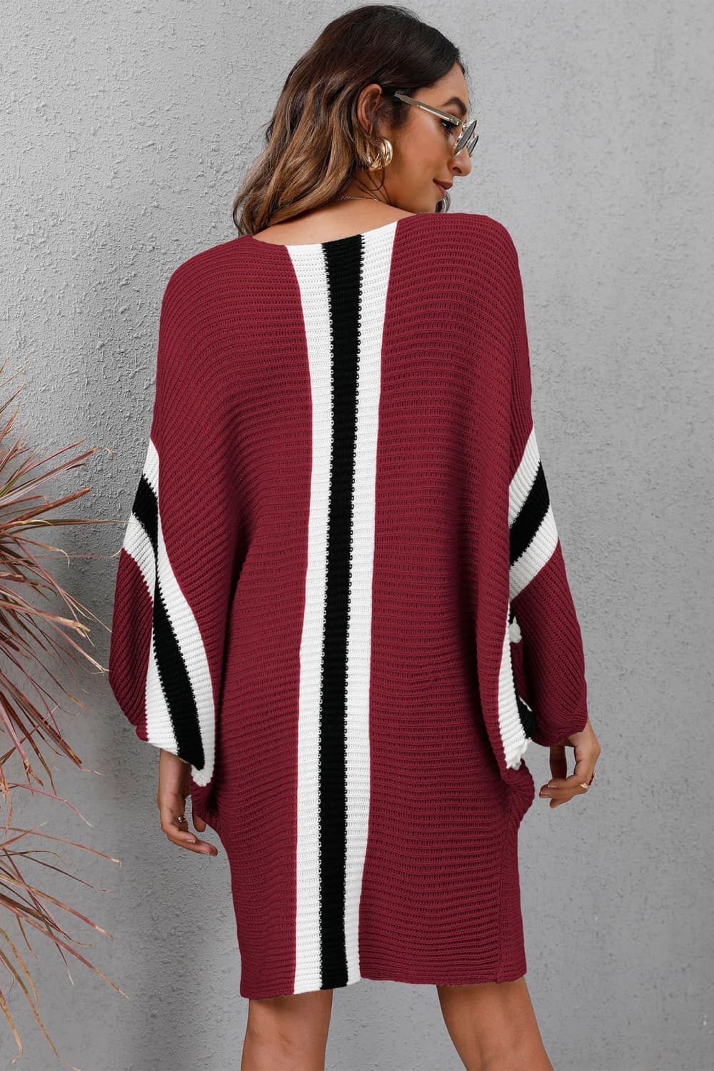 Ribbed Round Neck Long Sleeve Sweater Dress.