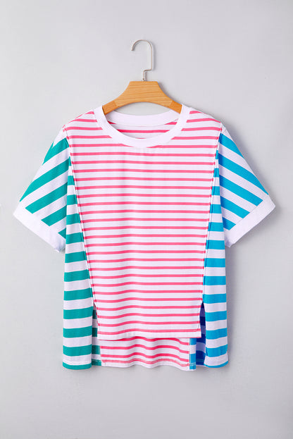 Pink Stripe Mixed Pattern Patchwork Uneven Hem Loose Tee