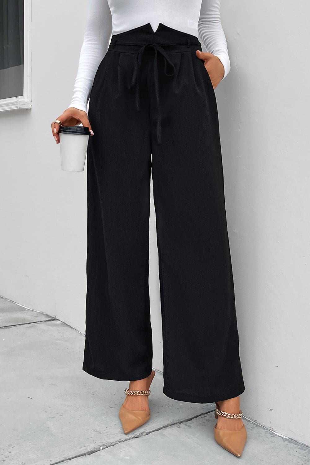 High Waist Ruched Tie Front Wide Leg Pants.