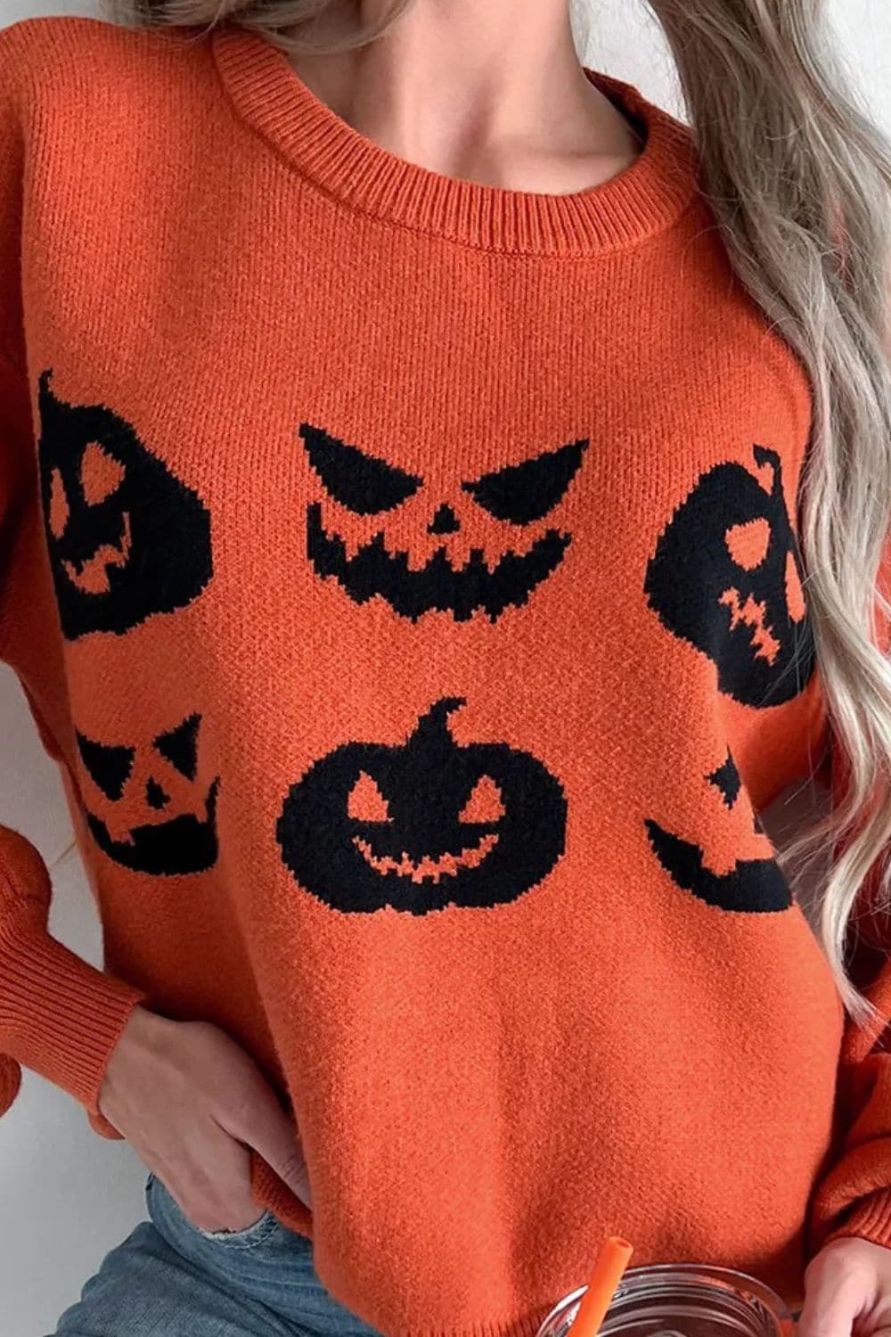 Pumpkin Pattern Round Neck Sweater.