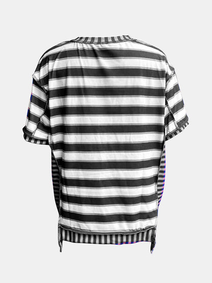 Full Size Contrast Stitching Striped Round Neck T-Shirt.