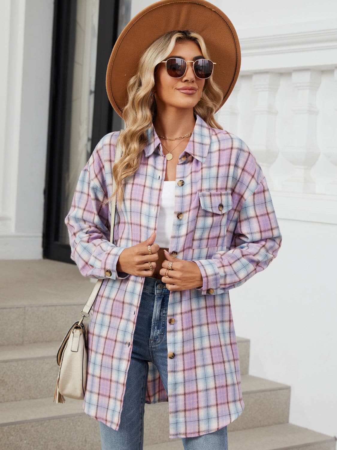 Plaid Collared Neck Long Sleeve Shirt.