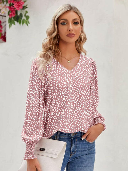 Printed V-Neck Lantern Sleeve Blouse.