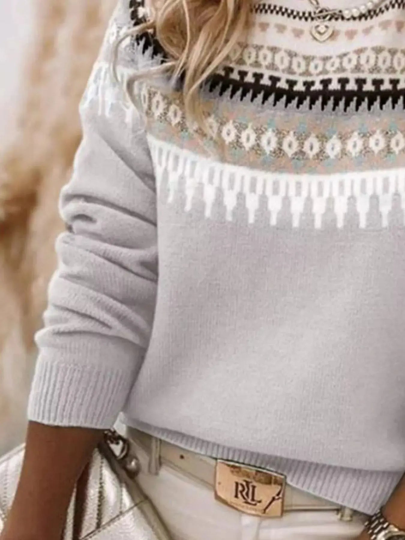 Full Size Vintage Patterned Round Neck Sweater Plus Size Simply Love