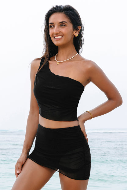 Sleek Black One Shoulder Pleated Mesh Bikini Top with Matching Skirt Set