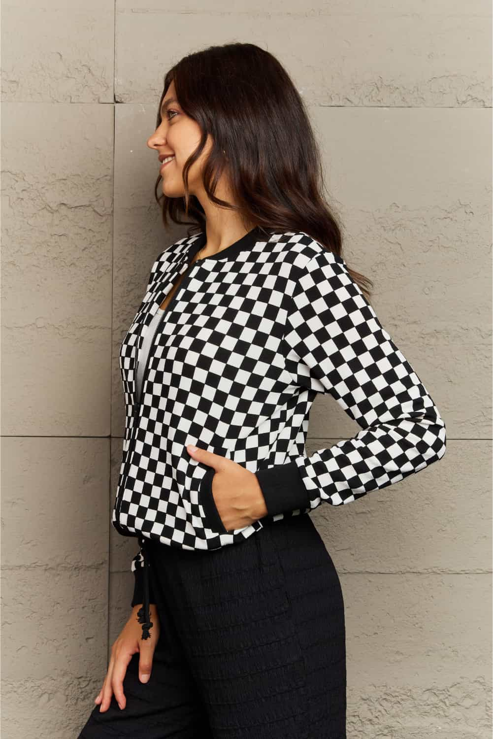 Ninexis Full Size Plaid Round Neck Long Sleeve Jacket.