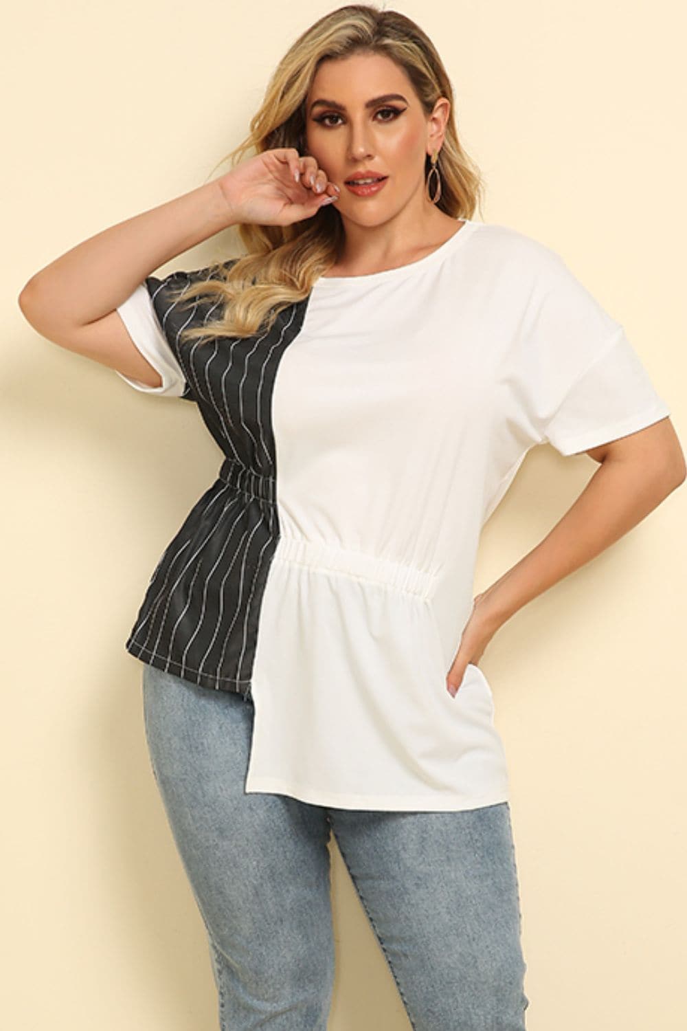 Plus Size Striped Color Block Asymmetrical T-Shirt.