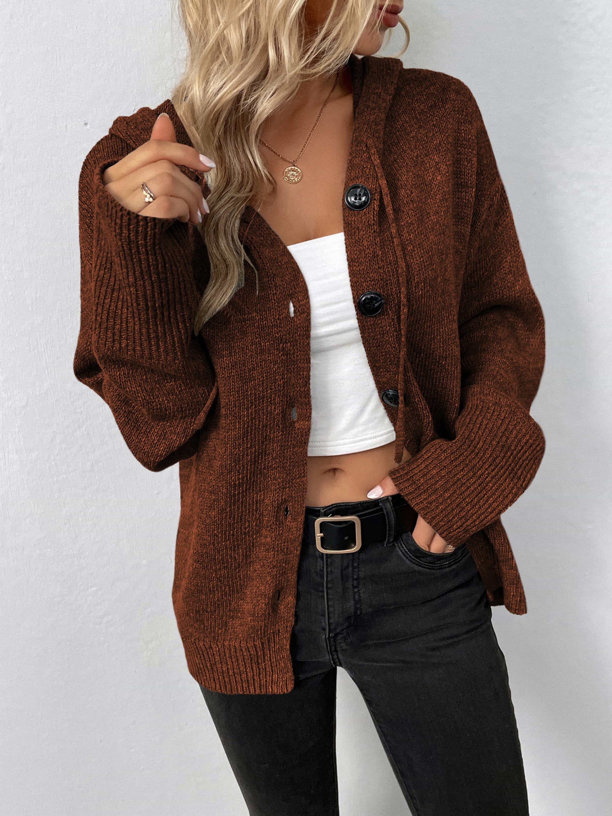 Button-Down Long Sleeve Hooded Sweater.