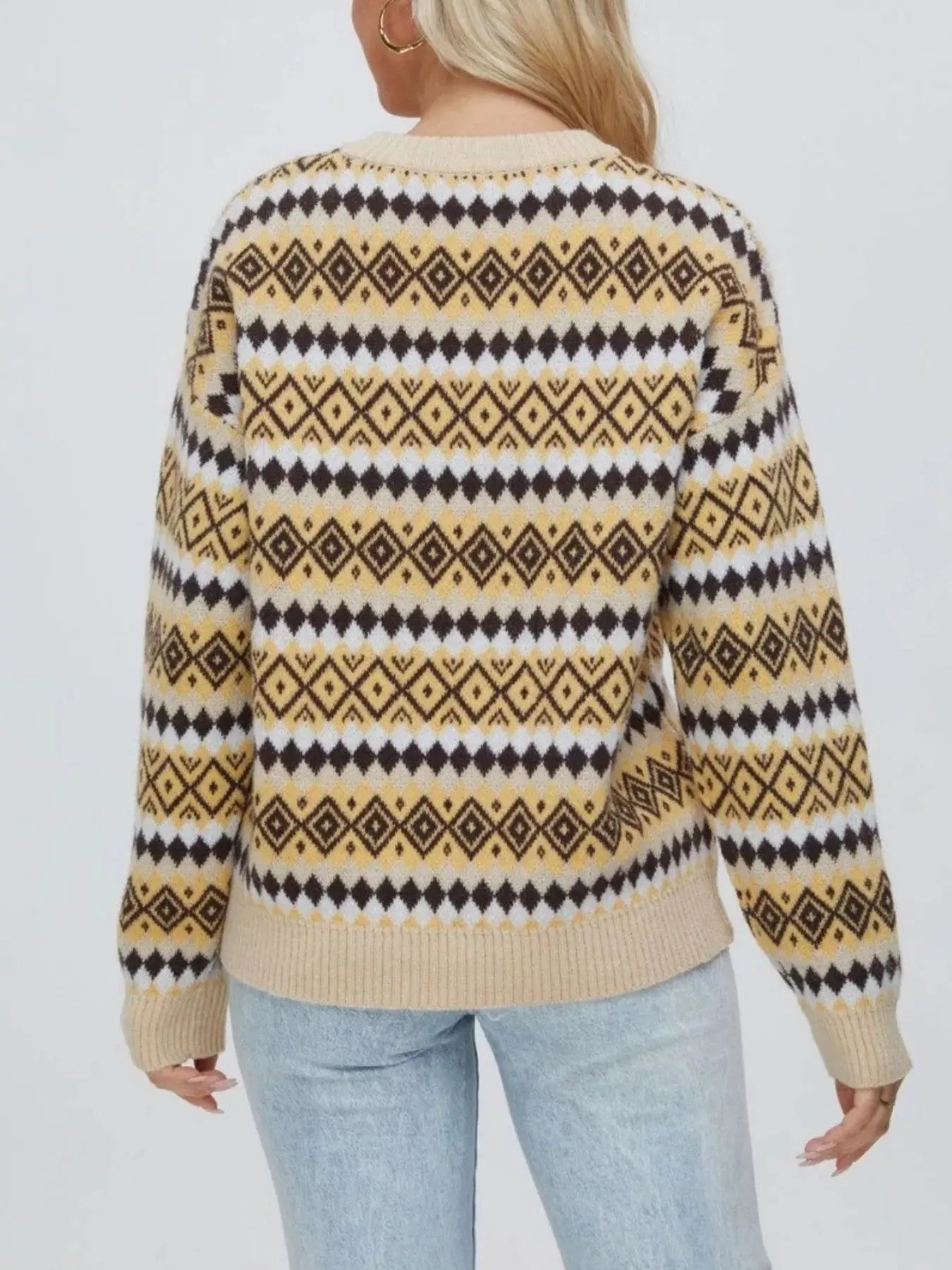 Geometric Pattern Round Neck Sweater Simply Love