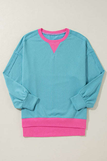 Light Blue Colorblock Patchwork Oversized Crew Sweatshirt