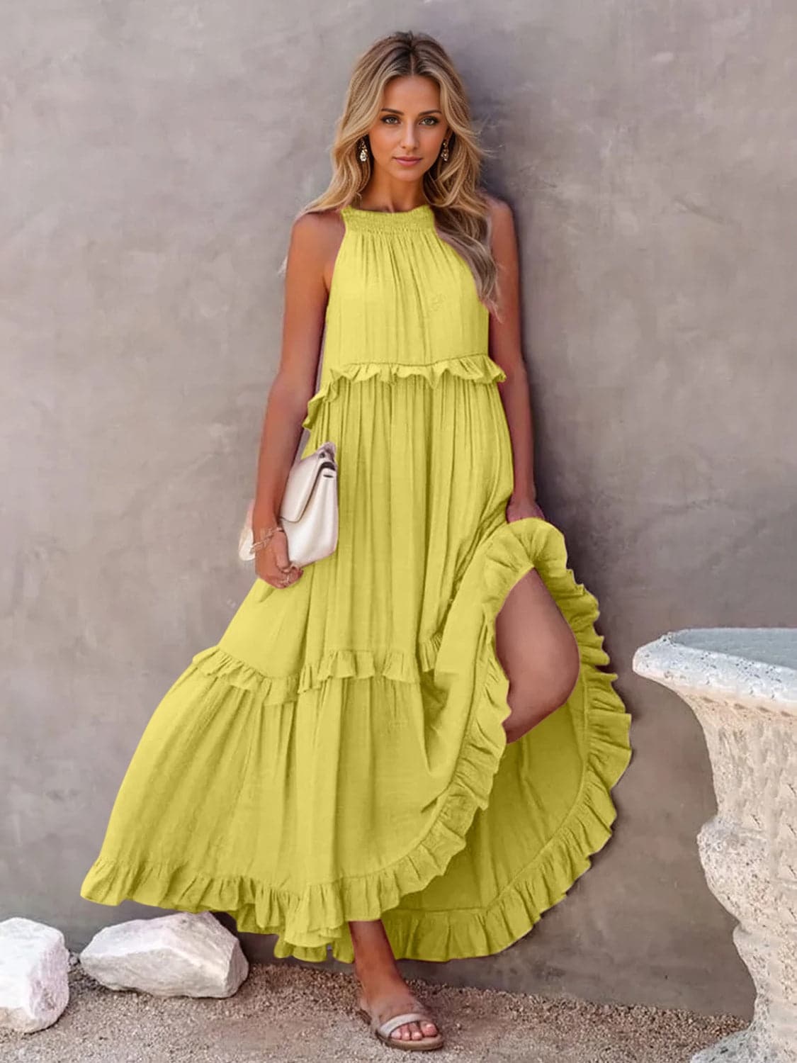 Ruffled Sleeveless Tiered Maxi Dress with Pockets.