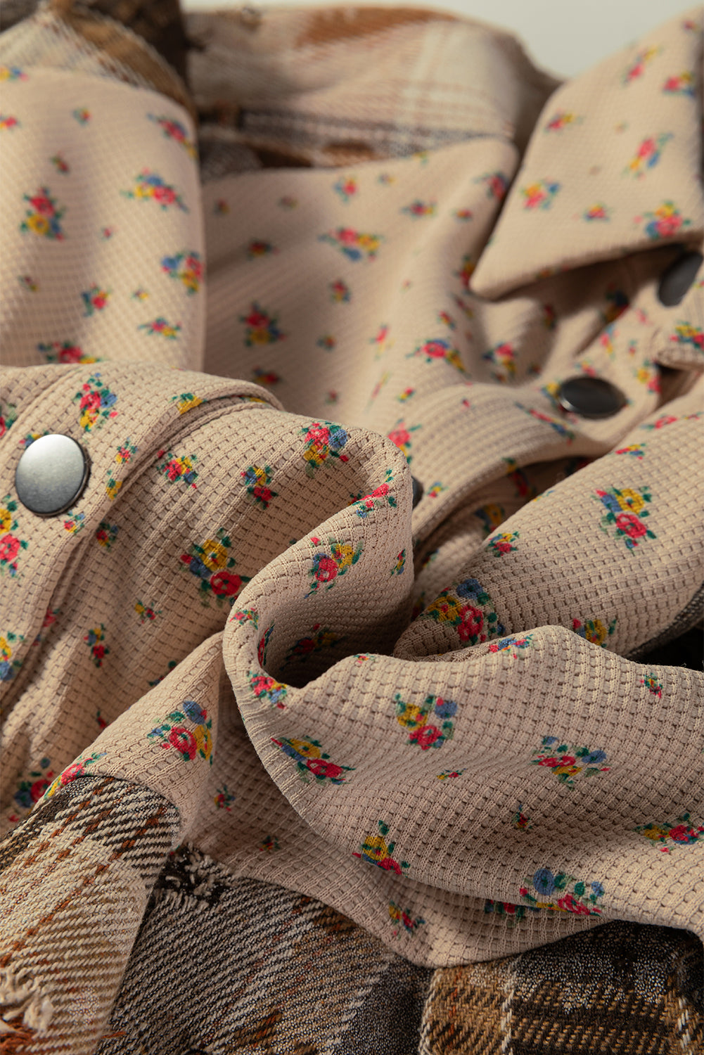 Oatmeal Boho Floral Plaid Patchwork Shacket With Distressed Details And Ruffled Sleeves In Waffle Knit Dear-Lover Dropshipping