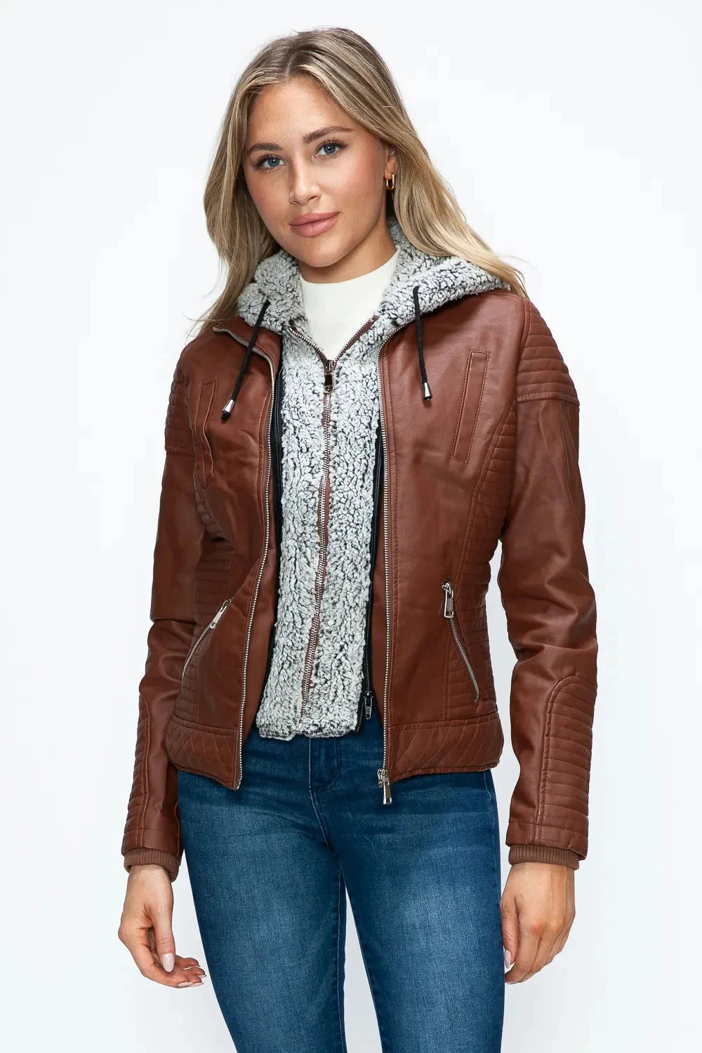 YMI Faux Layered Double-Zipper Jacket with Fuzzy Hood Coco’s Tee Boutique