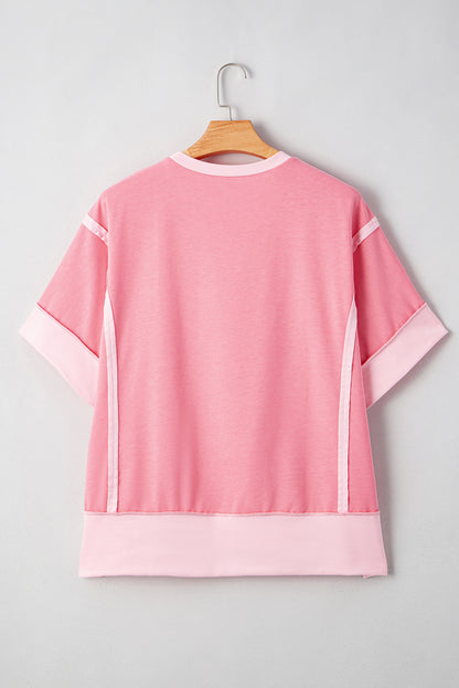 Peach Blossom Patchwork Two Tone Half Sleeve Plus Size Tee