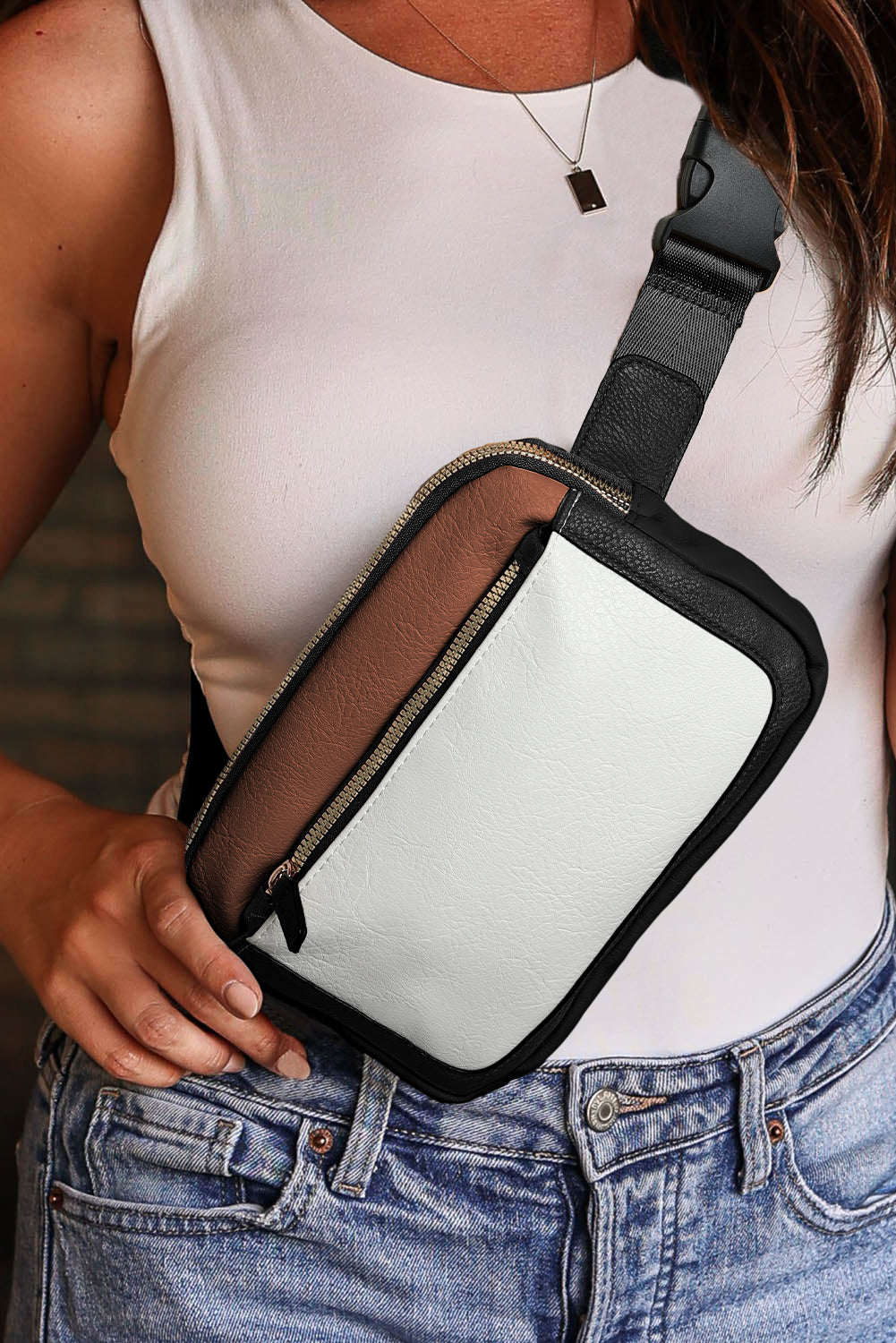 Chic white leather colorblock crossbody bag with removable clip