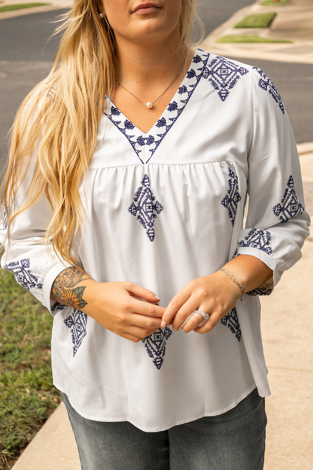 Chic white boho geometric print plus size blouse with bracelet sleeves