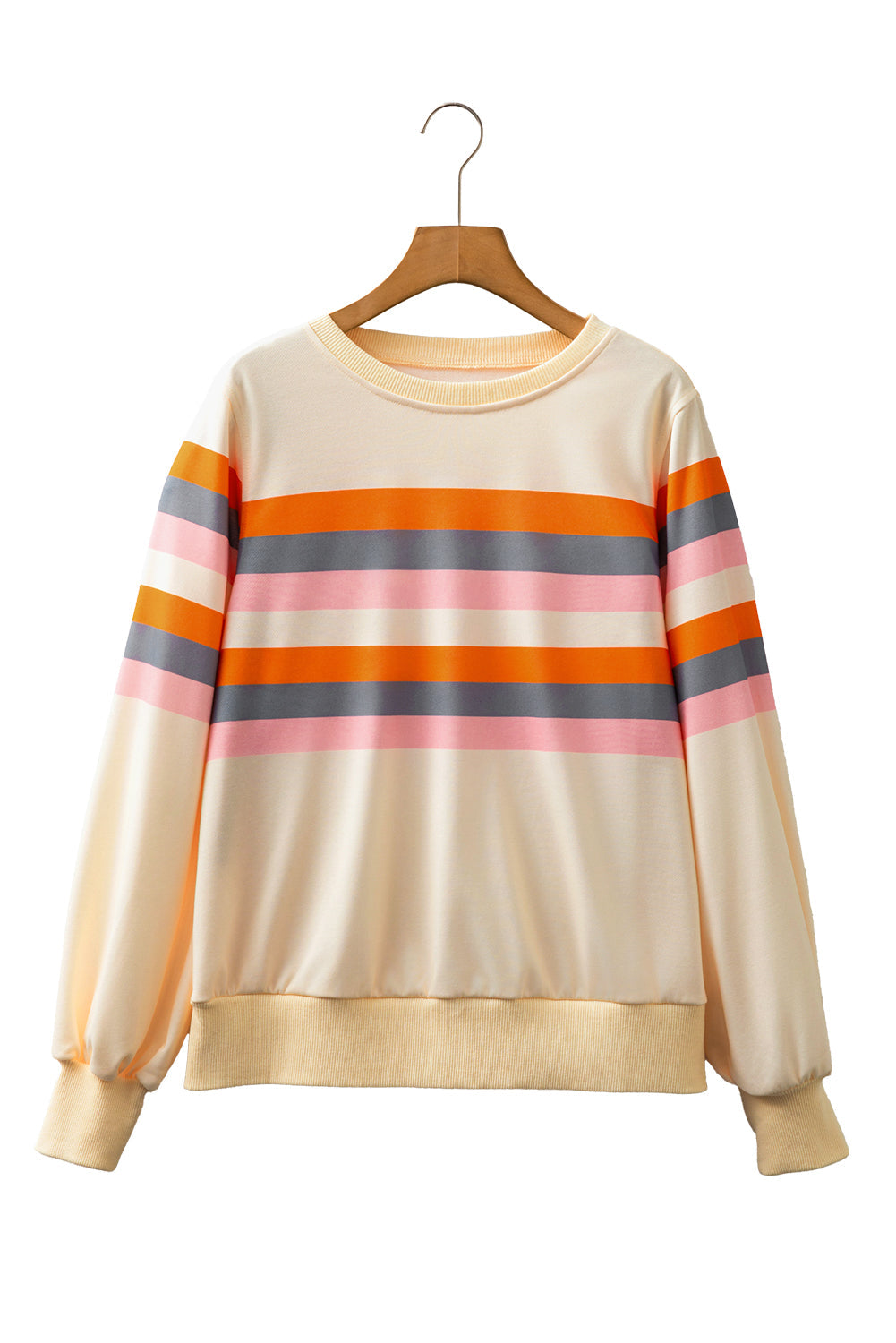 Beige Stripe Puff Sleeve Casual Pullover Sweatshirt For Women Cozy Knit Jumper Everyday Comfort Dear-Lover Dropshipping