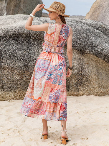 Printed V-Neck Top and Midi Skirt Set.