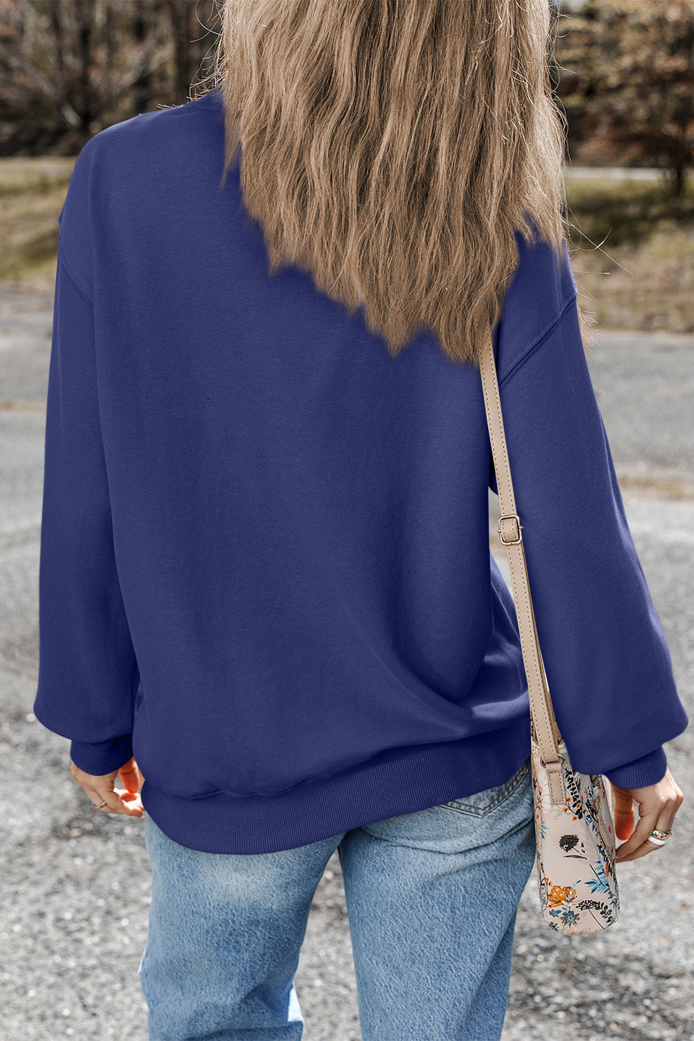 Navy Blue Plain Drop Shoulder Crewneck Pullover Sweatshirt