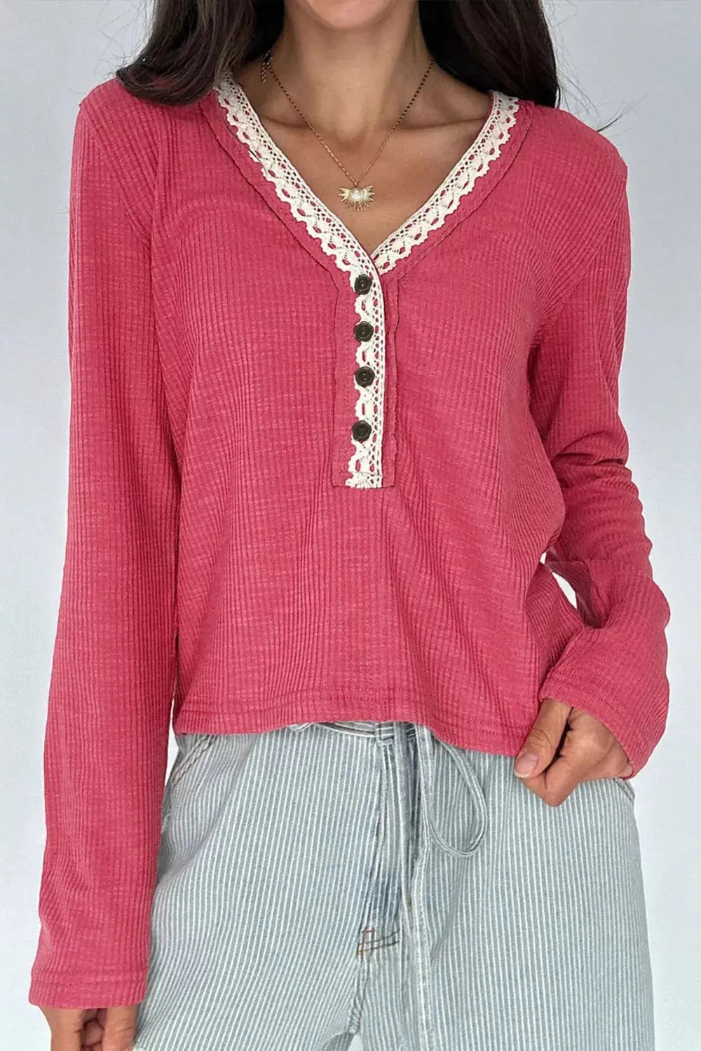 Pink Lace Trim Ribbed Knit Henley Blouse For Women Simply Love