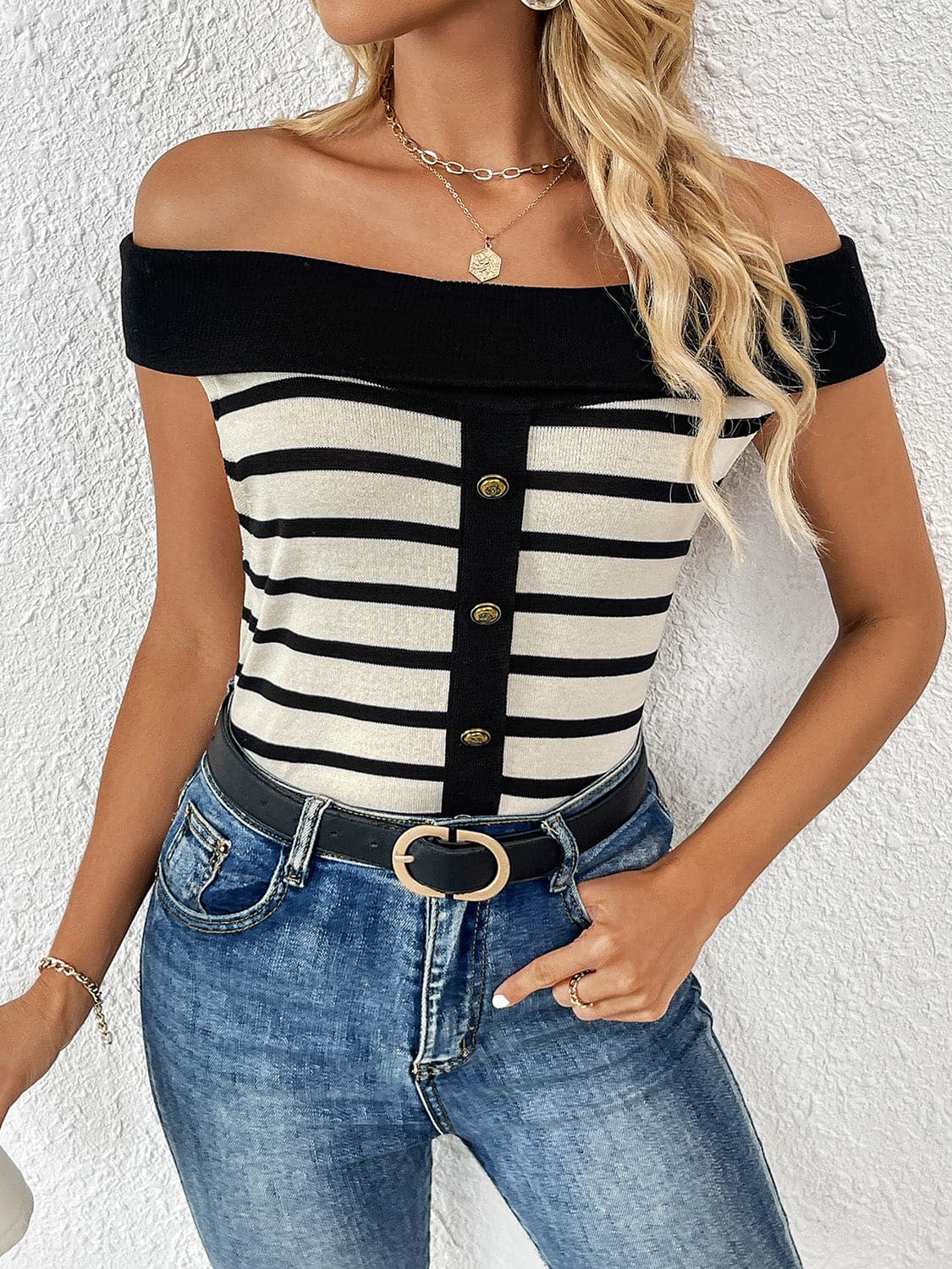 Decorative Button Striped Off-Shoulder Knit Top.