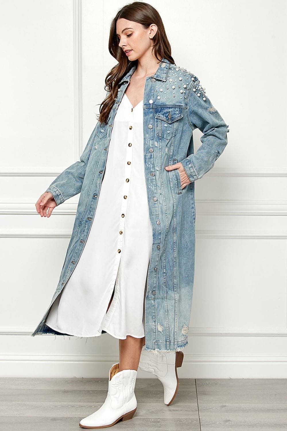 Veveret Full Size Distressed Raw Hem Pearl Detail Button Up Jacket.