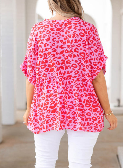 Plus Size Printed Notched Neck Half Sleeve Top.