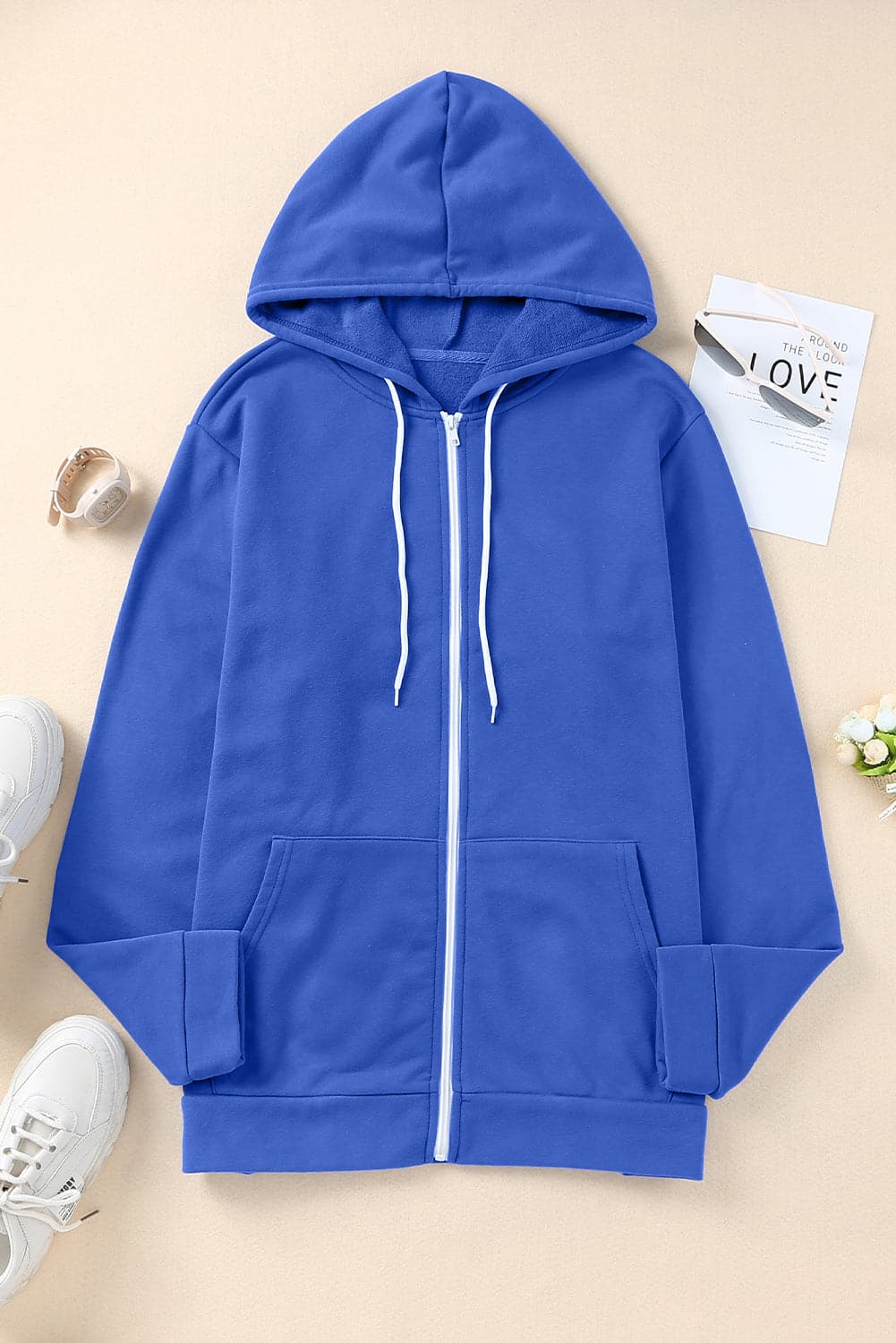 Plus Size Zip Up Hooded Jacket with Pocket.