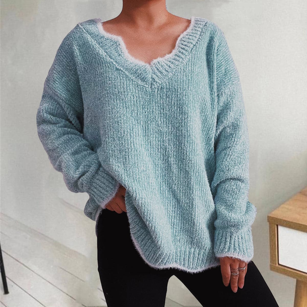 V-Neck Drop Shoulder Long Sleeve Sweater.