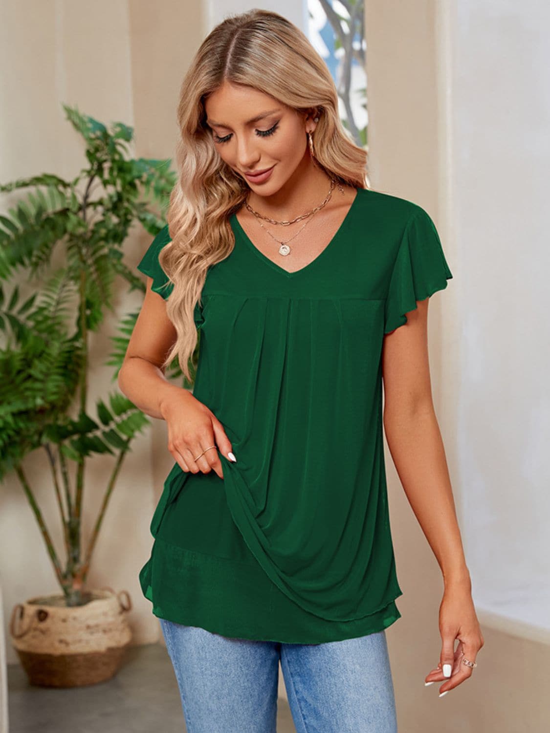 Ruched V-Neck Short Sleeve T-Shirt.