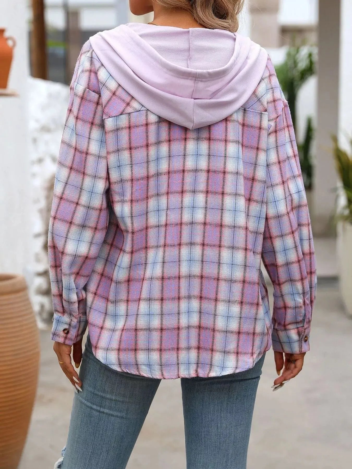 Hooded Plaid Button-Up Shirt Simply Love