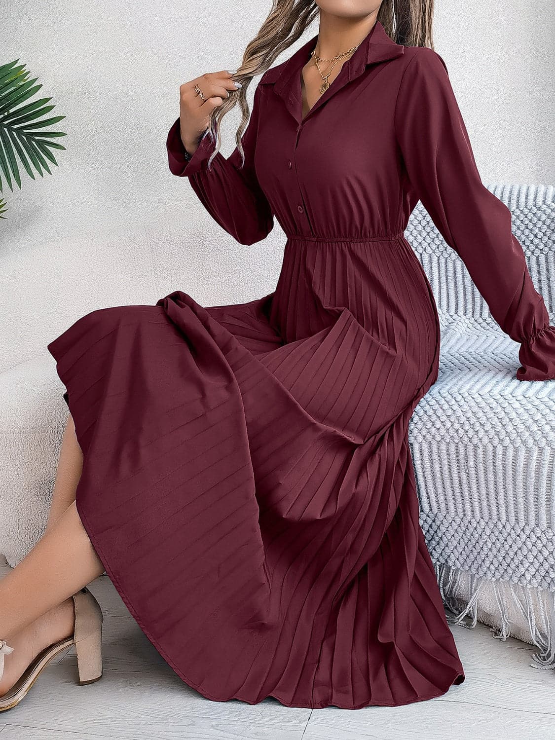 Pleated Half Button Long Sleeve Midi Dress.