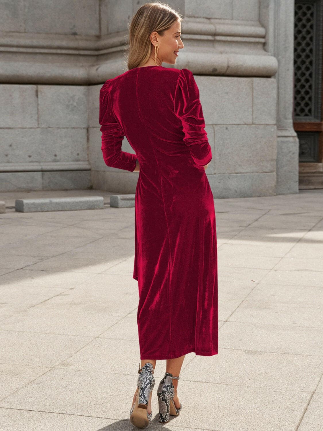 Surplice Puff Sleeve Midi Dress.