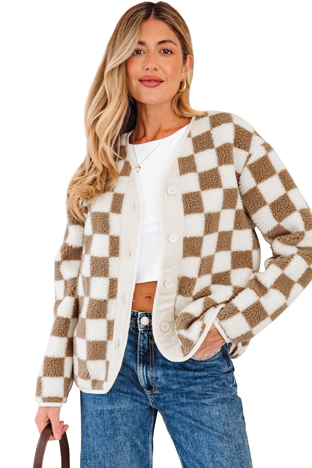 Brown Checkered Sherpa Buttoned Front Chunky Jacket Dear-Lover Dropshipping