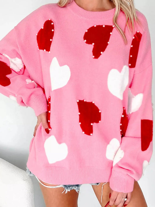 Pearl Embellished Heart Pattern Valentines Day Sweater Simply Love