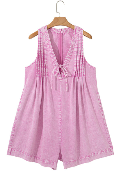 Bonbon Mineral Wash Pleated Bust V Neck Sleeveless Romper