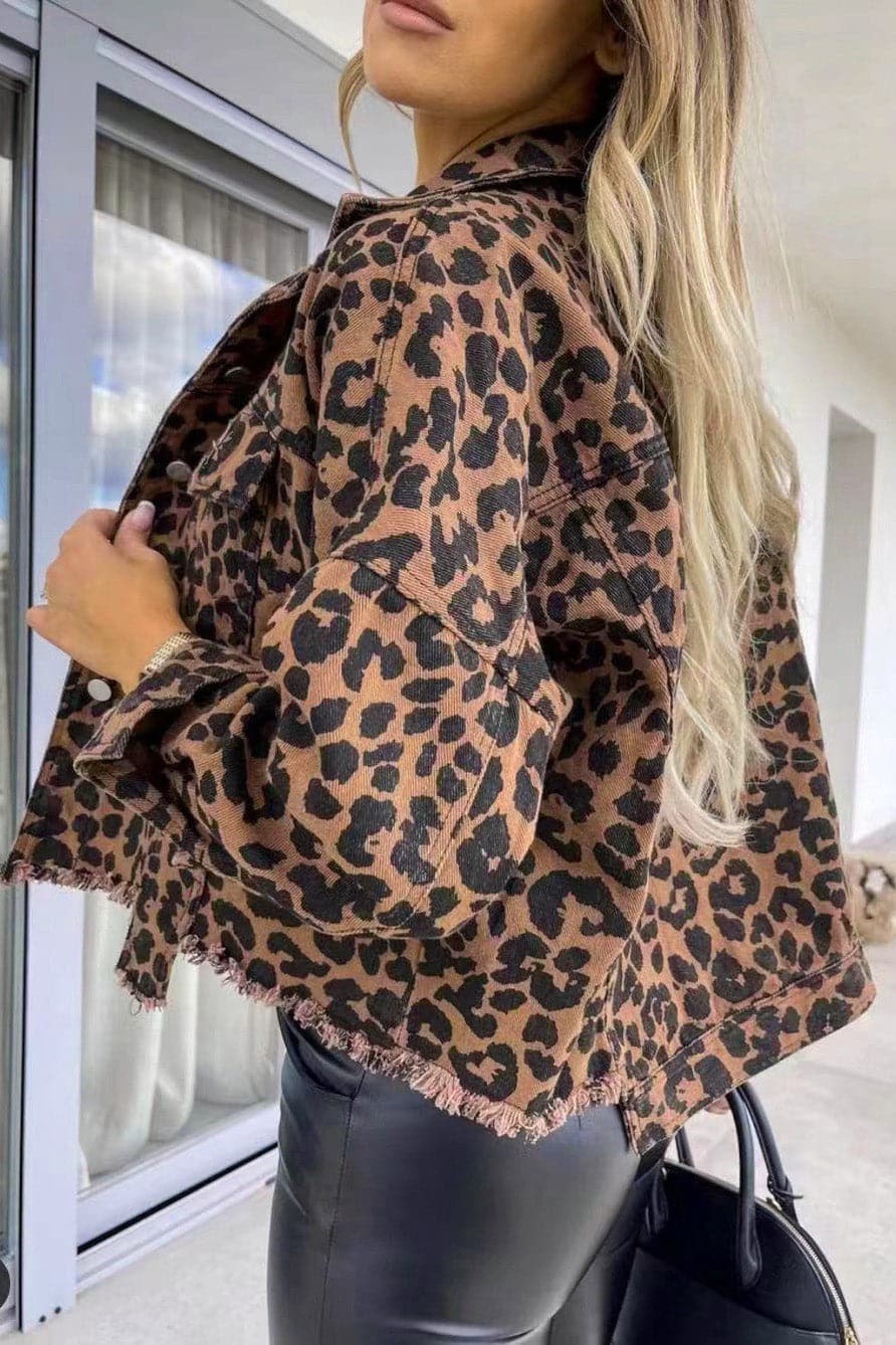 Leopard Raw Hem Denim Jacket.