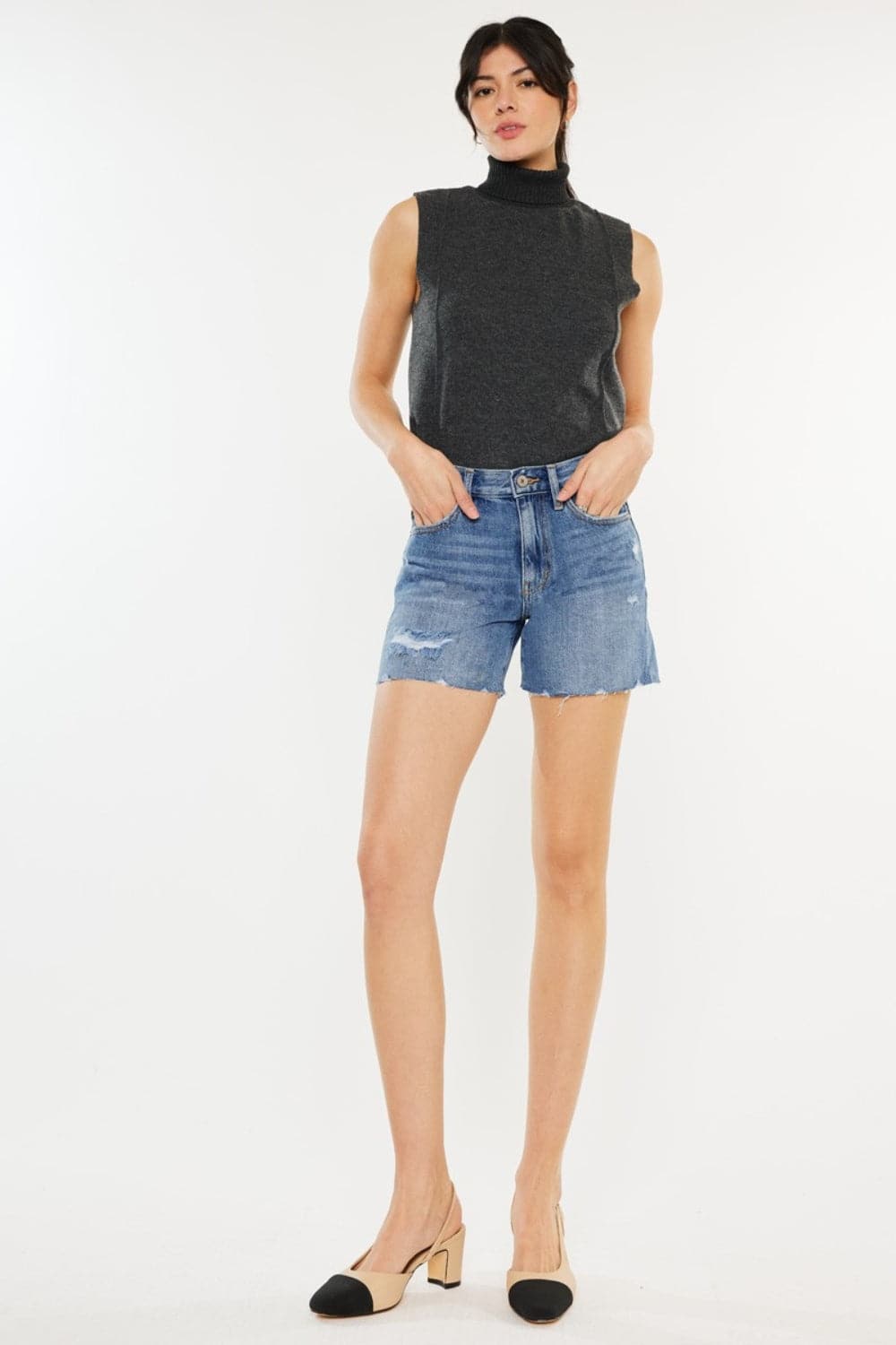 Kancan Distressed High Waist Denim Shorts.