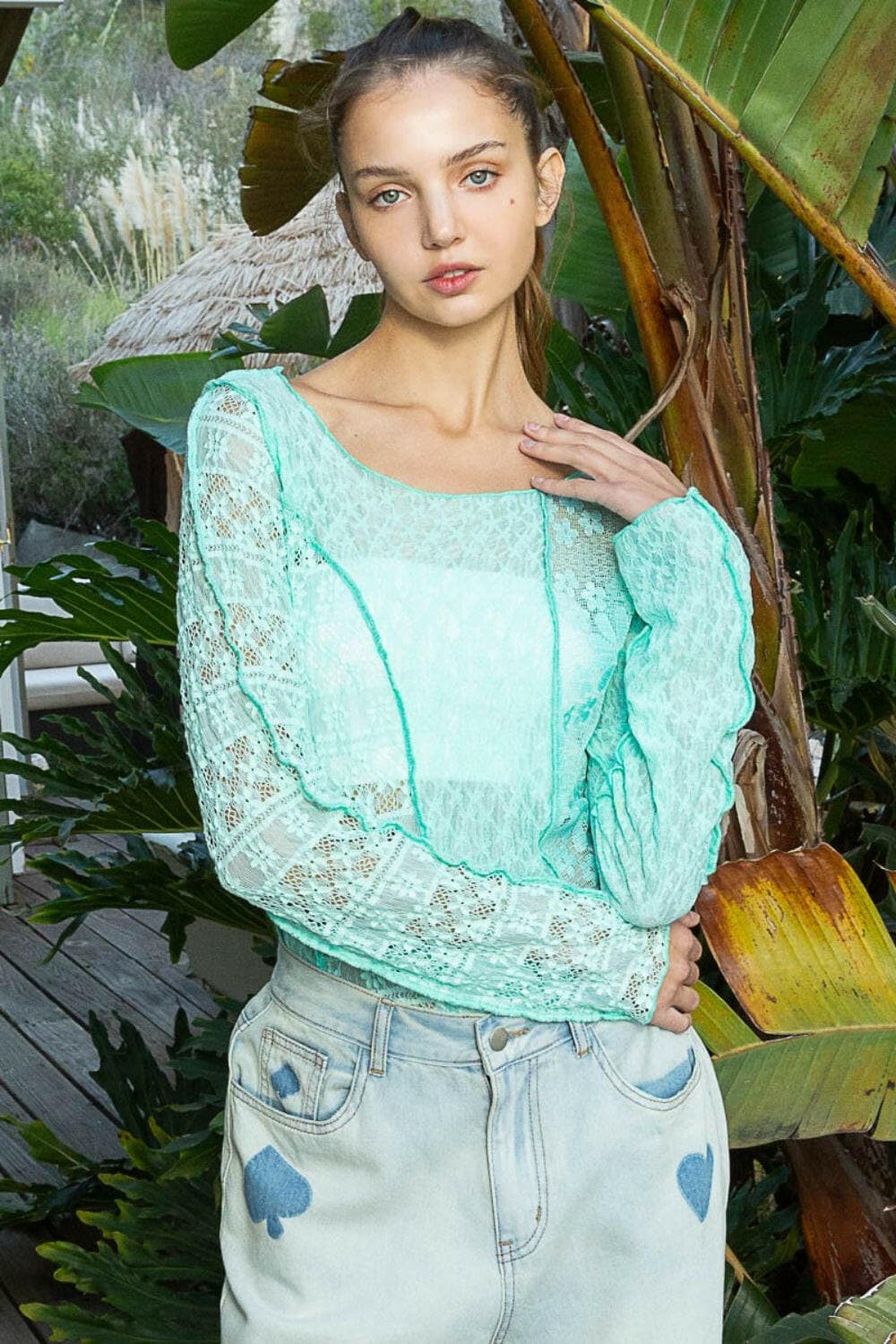 POL Exposed Seam Long Sleeve Lace Knit Top.